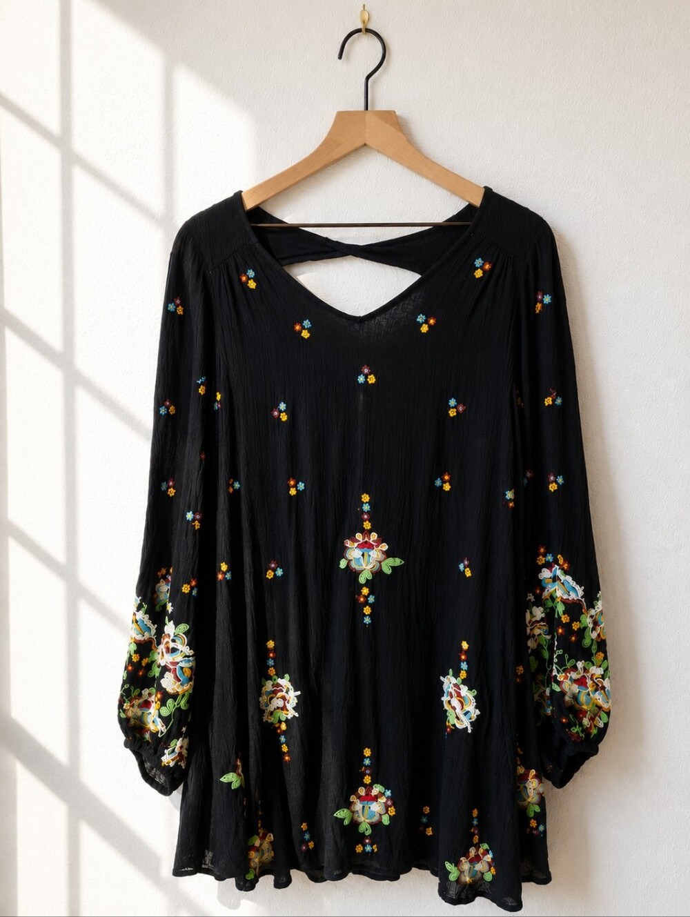 Free‎ People Oxford Embroidered Swing Tunic Top Black XS Bohemian Festival